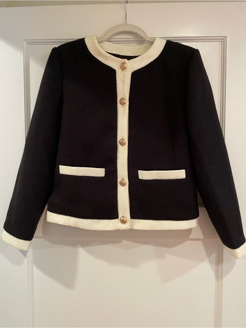 Aqua Black Jacket with Cream Trim and Gold Buttons